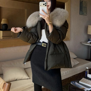配可拆真狐狸毛毛领 保暖羽绒服外套 领150克收腰泡芙中长款 1988