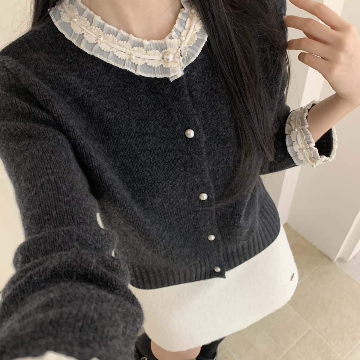SHEEP.-韩系全毛花边珍珠扣保暖毛衣（含100绵羊毛）