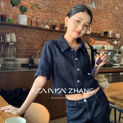 CZ ZHANG-丹宁乌托邦复古摩登深蓝色高腰显瘦短袖牛仔外套