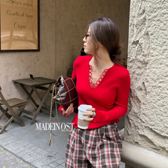 MADEIN OST-新年感轻法式花边V领保暖毛衣