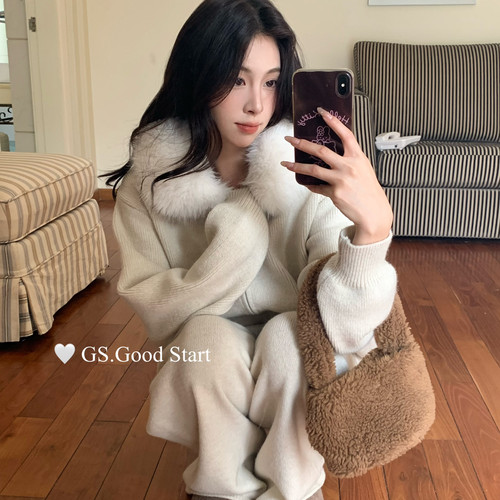 GS.GOOD START-恼～冬韩系百搭针织外套+休闲裤套装(配可拆卸毛领