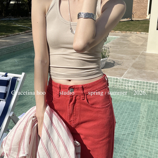 GRACETINA HOO-春上新90天丝叠穿神器法式立体坑条交叉大U领背心