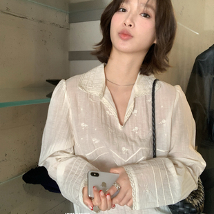 IMISS-夏上新韩标气质花边蕾丝拼接刺绣衬衫