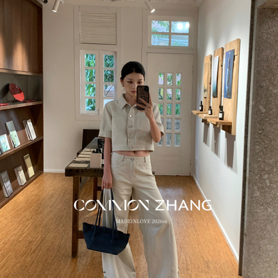 CZ ZHANG-巴黎Jennie设计感时髦炸街浅灰色中袖牛仔外套