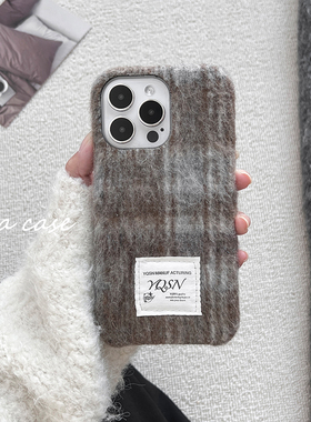 Asea复古ins浅棕色格纹毛呢适用苹果15手机壳iPhone14promax新款13女12秋冬毛绒11防摔保护套高级感小众男软