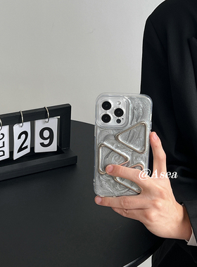 Asea冷淡风ins银灰色立体金属三角形适用苹果14promax手机壳iPhone15新款12女11高级感13小众全包保护套潮男