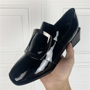 【方木出品】帅气牛皮漆皮大方扣英伦风粗跟单鞋春秋百搭休闲皮鞋