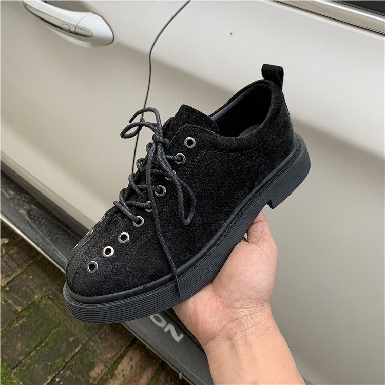 【方木出品】断码平底秋款休闲单鞋英伦风黑色猪巴皮绑带厚底女鞋