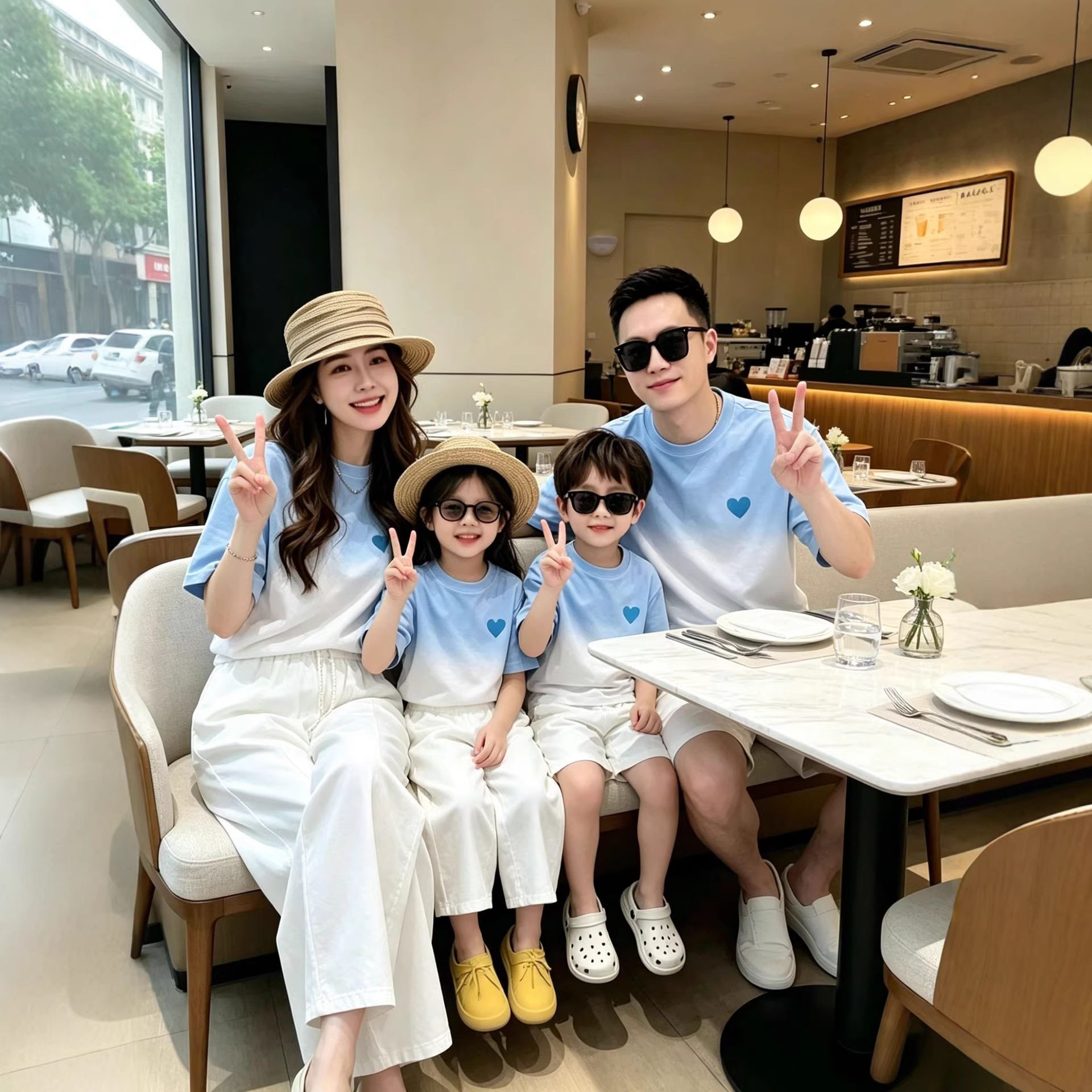 亲子装夏季新款2026海边度假风渐变母女全家一家三四口短袖体恤套