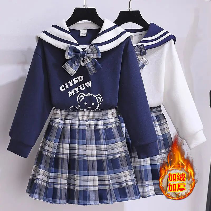女童秋冬季加厚加绒套装jk制服连衣裙2025新款女孩儿童学生两件套