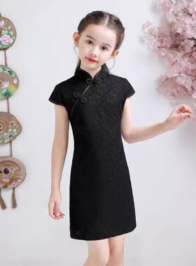 女童夏季新中式黑色旗袍演出服