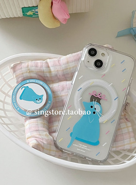 SINGSTORE 韩国ins小众设计可爱猫咪插画磁吸支架适用iphone17苹果16手机壳15promax新款透明亚克力13/14硅胶