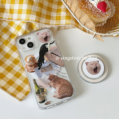 SINGSTORE 韩国ins小众设计慵懒猫咪插画磁吸支架适用iphone17苹果16手机壳15promax新款透明亚克力13/14硅胶