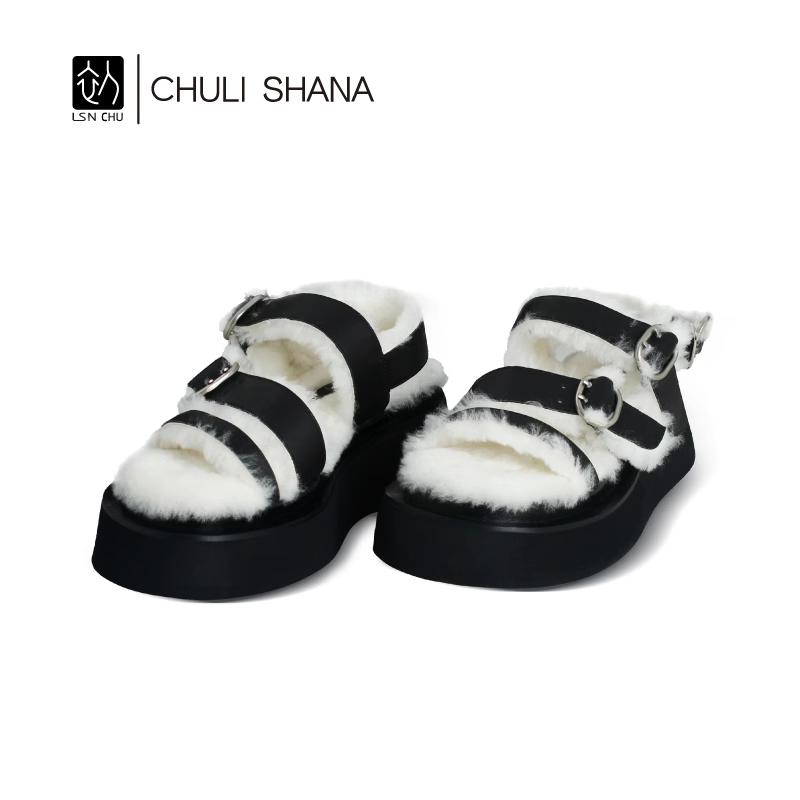 CHULISHANA【阡陌】秋季女士纯羊毛时尚休闲舒适厚底露趾凉鞋新款