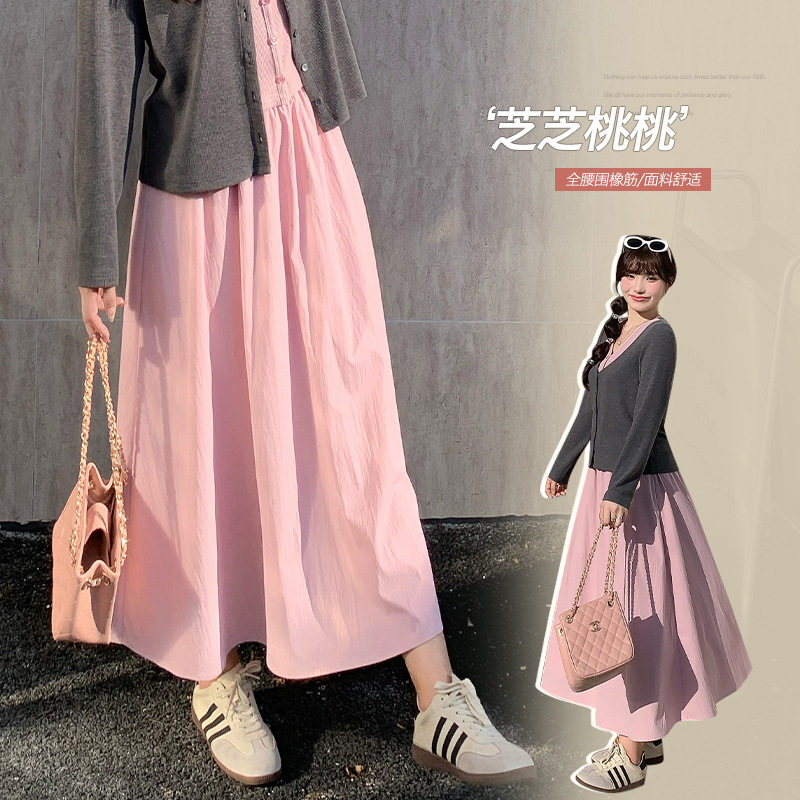 温柔风显瘦高腰粉色半身裙秋季大码胖mm气质A字遮肉肉中长裙63488