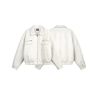 BOXXX美式 小众情侣皮衣外套潮 复古白色廓形翻领机车夹克棉衣冬季