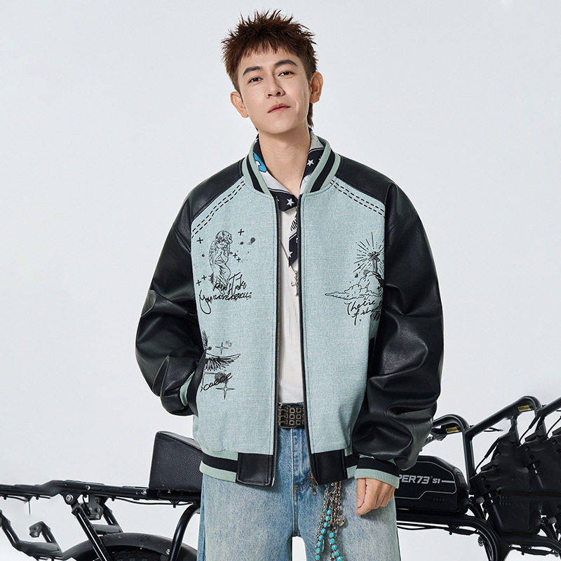 ACU男装|pu皮袖夹克男拼接立领皮衣宽松外套印花潮牌机车风棒球服