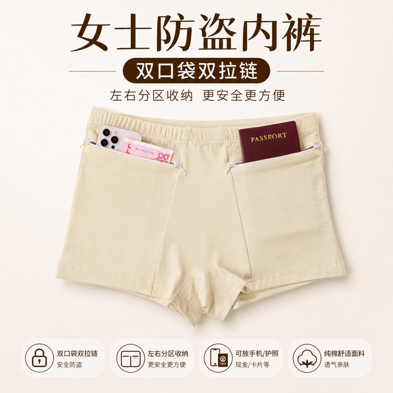 女士内裤纯棉口袋新款中腰安全裤拉链舒适防盗中年出国旅行平角裤