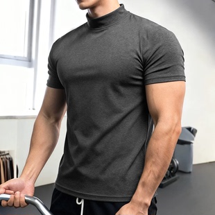 口打底衫 窄腰收袖 潮 硬汉风半高领t恤肌肉男紧身弹力三分短袖 美式