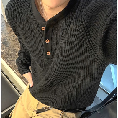 美式针织亨利衫长袖半开扣罩衫潮