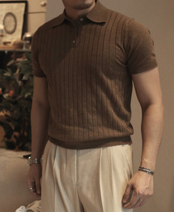 t恤冰丝针织保罗衫 条纹工装 潮 男欧美翻领短袖 高级感丝光棉polo衫