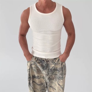 纯棉螺纹收腹背心肌肉男紧身弹力无袖 t恤欧美健身训练运动塑身衣
