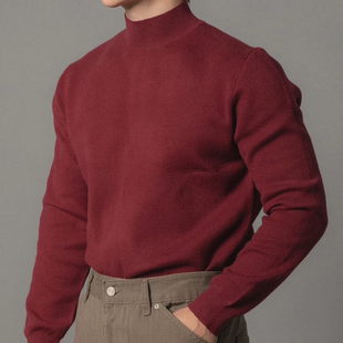 欧货红色包芯纱羊毛衫男半高领修身长袖卫衣薄款莫代尔针织打底衫