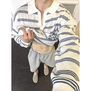 透气休闲工装 美式 薄款 男健身训练运动长袖 线衣t恤 叠v领针织polo衫