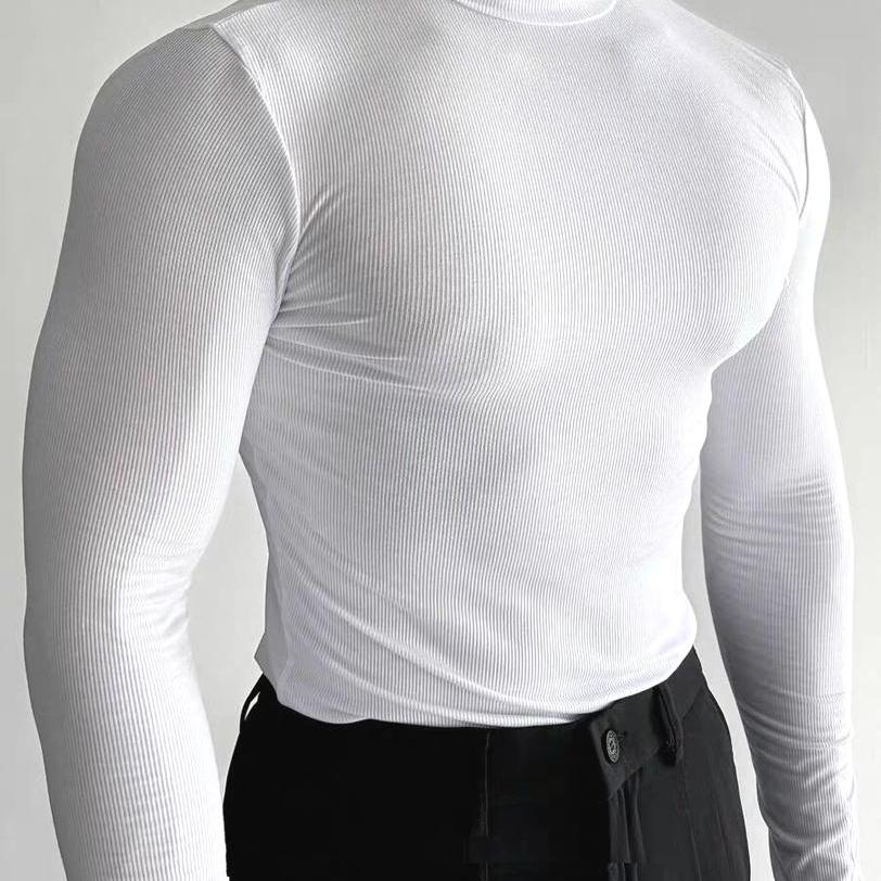 美式硬汉半高领t恤肌肉男冰丝螺纹修身长袖性张力中领内搭打底衫