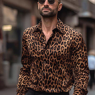 欧美硬汉风复古豹纹衬衫男凉感免烫舞台演出长袖冰丝雪纺歌手衬衣