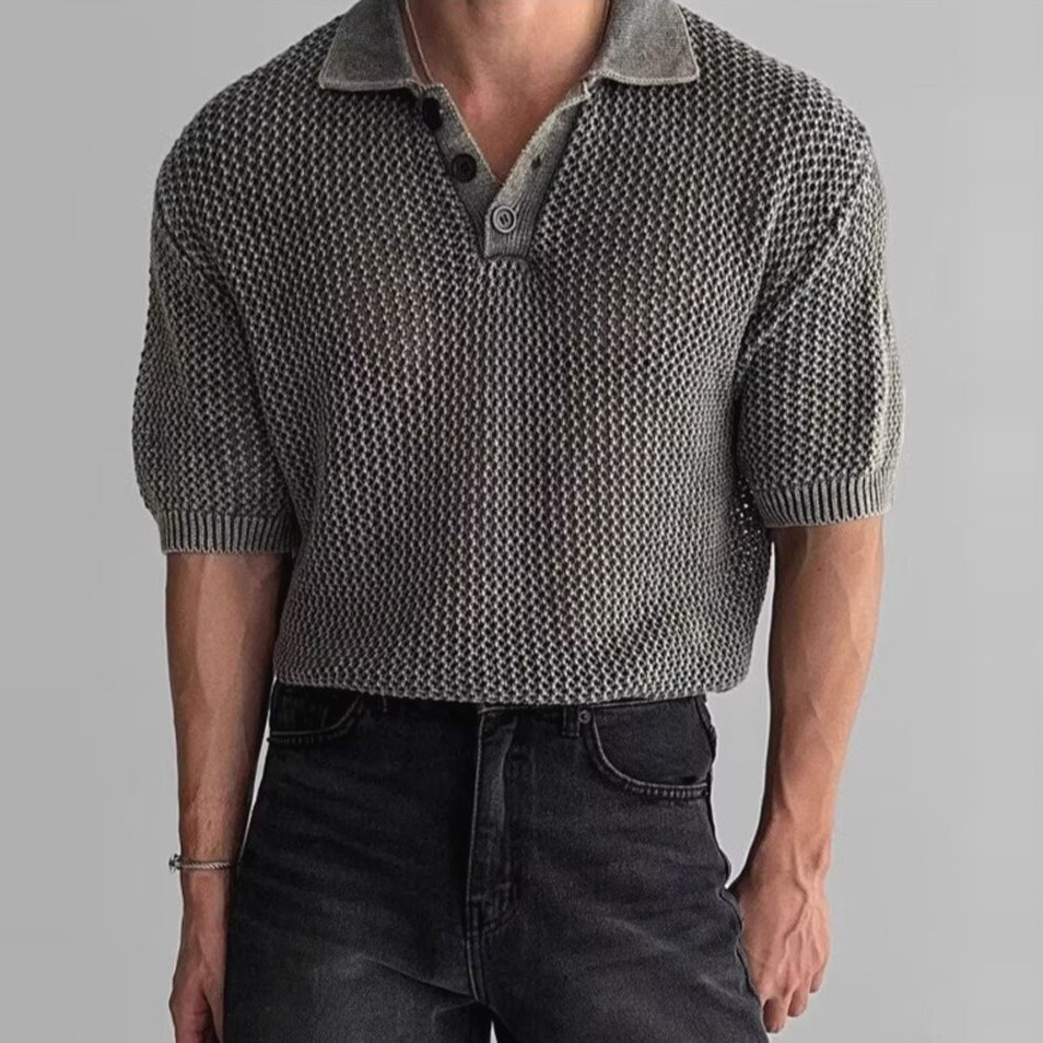 美式硬汉水洗做旧针织polo衫男网眼透视镂空短袖卫衣纹格工装t恤