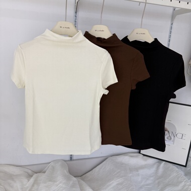 2025古妃10722羊毛内搭打底衫女士短袖小圆领5分中袖上衣显瘦t恤