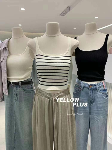 妃子纪S53一体固定杯时尚条纹辣妹百搭螺纹高弹修身显瘦吊带背心