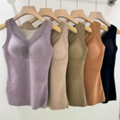 美月馨1305女士V领润肤蚕丝羊毛背心德绒发热保暖带胸垫打底上衣