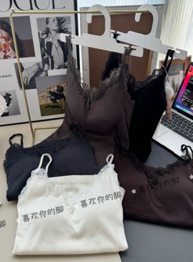 秋蕾丝拼接双面磨毛吊带背心女内搭外穿V领无袖短款打底上衣24283