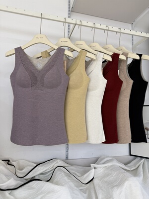 古妃绵羊毛蚕丝提拉女士保暖背心带胸垫网纱拼接V领美背内衣3649