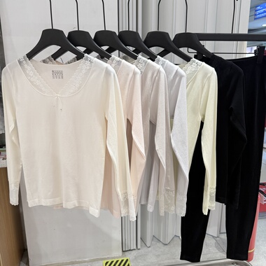 36263秋冬新款轻薄款棉质蕾丝V领磨毛秋衣秋裤女士保暖内衣套装