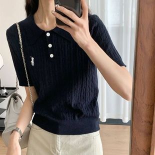 正肩上衣 学院风polo领刺绣冰丝针织衫 短袖 t恤女夏短款 甜辣妹美式