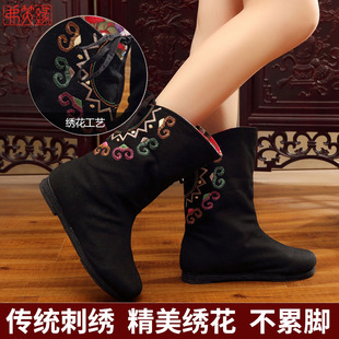 老北京布靴女春季 千层底古风布鞋 中国风单靴平跟民族风靴子绣花鞋