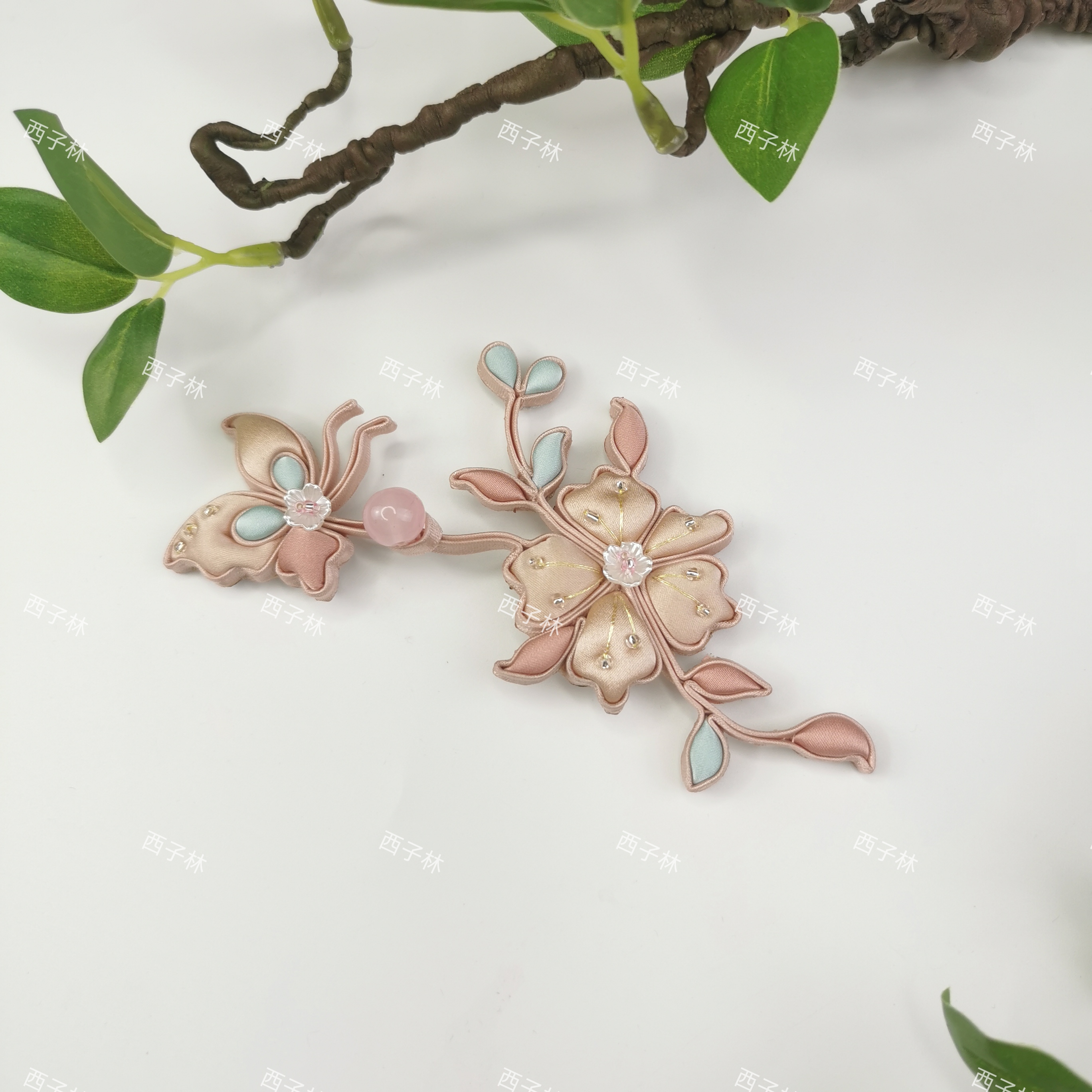 西子林旗袍盘扣粉色蝶恋花宋锦真丝盘扣定制手工盘扣一对价可改色