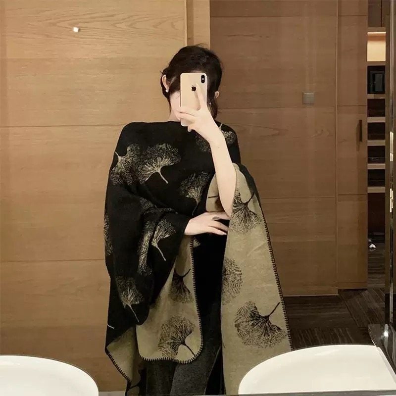 羊绒围巾女冬季新款百搭加厚保暖银杏叶大披肩两用高级感围脖外搭
