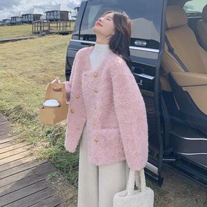 浅粉色小香风双排扣羊羔毛外套皮毛一体女冬季2025新款超好看棉服图片