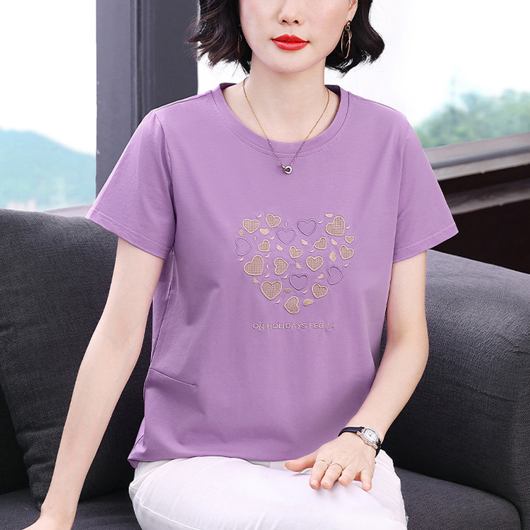 纯棉爱心短袖上衣女夏季2026洋气新款夏装中老年妈妈宽松半袖T恤