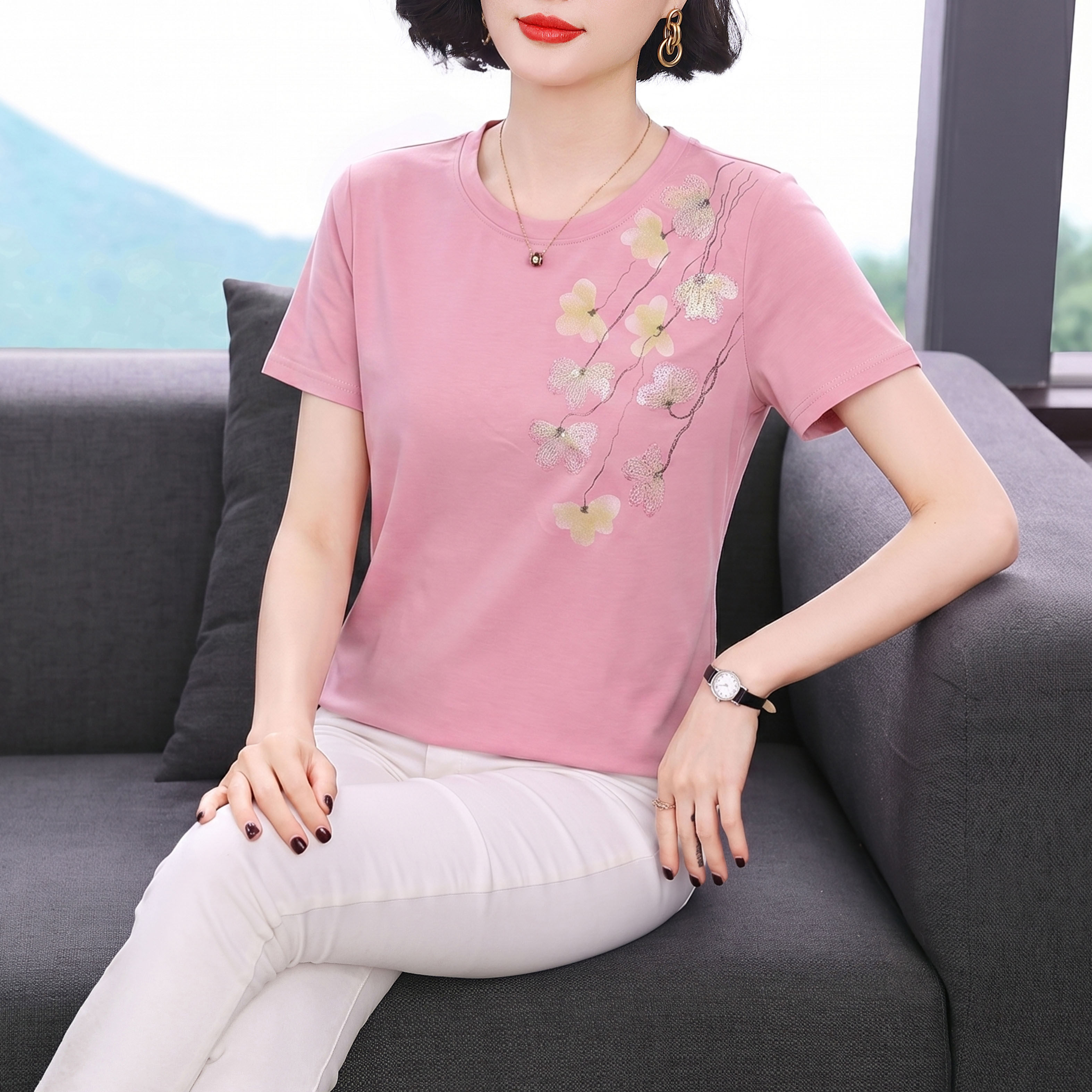 纯棉中老年妈妈小衫2026夏装新款上衣女士宽松大码休闲短袖T恤女
