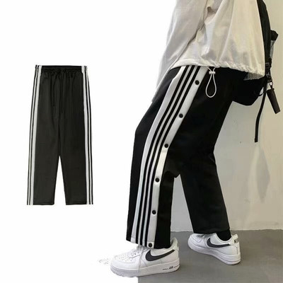 学生全开扣束脚排扣裤侧排篮球裤纽扣裤运动裤长裤宽松训练春秋男