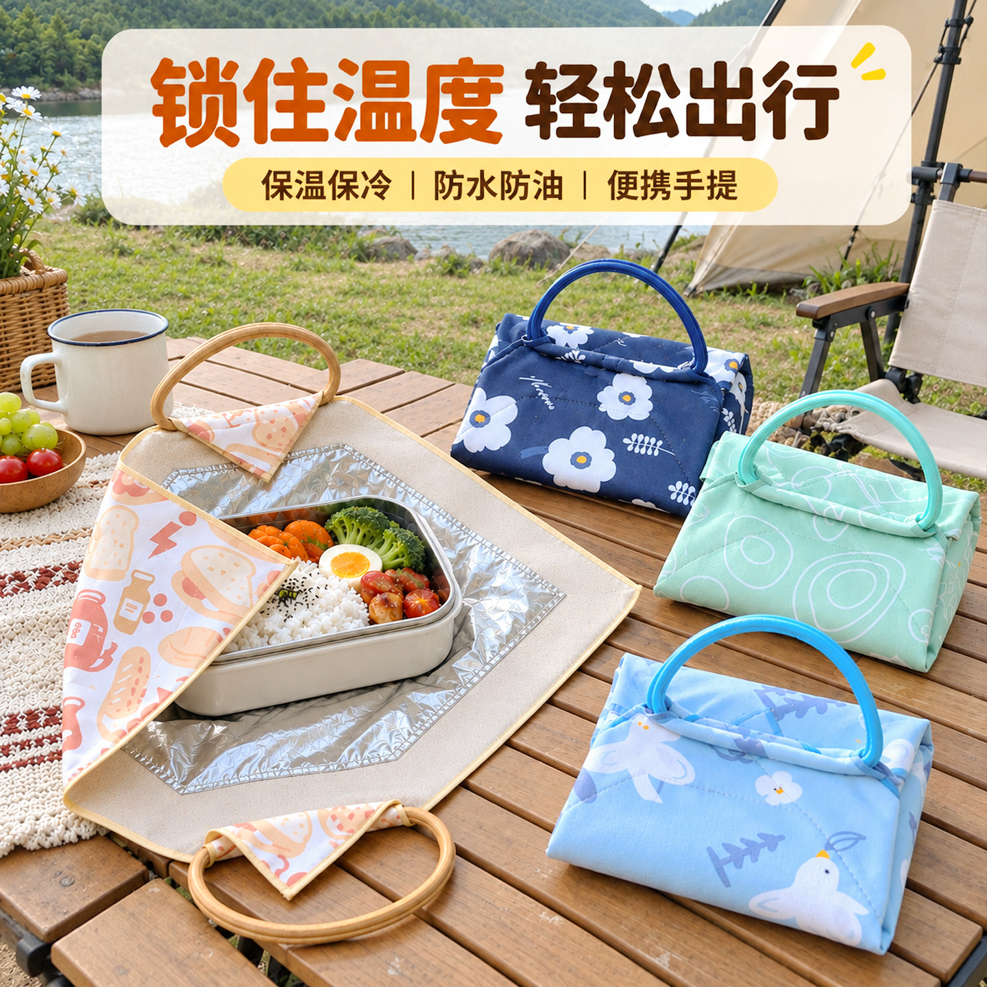 可爱保温饭盒袋高颜值便携手提便当包上班族学生加厚百贴布保温饭