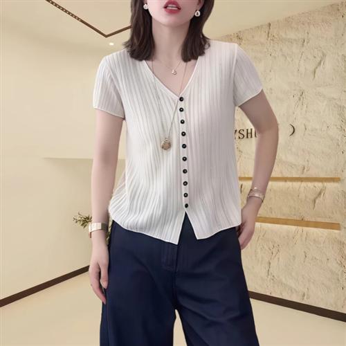 夏季短袖v领开衫针织衫女款爆款2025新款韩版洋气减龄显瘦上衣