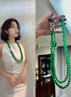 天然起光帝王绿绿玉髓长款双层毛衣链简约玉石玛瑙珠链女