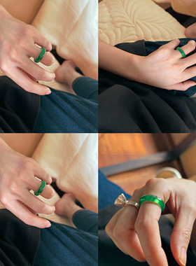 天然玻璃种绿玉髓阳绿戒圈指环玉辣绿扳手戒指 圈号14-17号随机