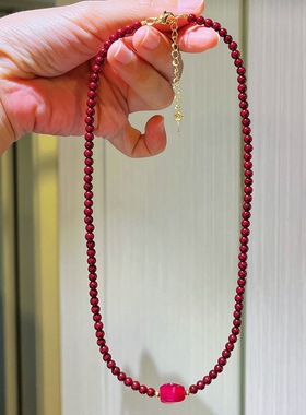 高品质新年红显白安可拉红施家人造水晶珍珠项链天然红玉髓锁骨链